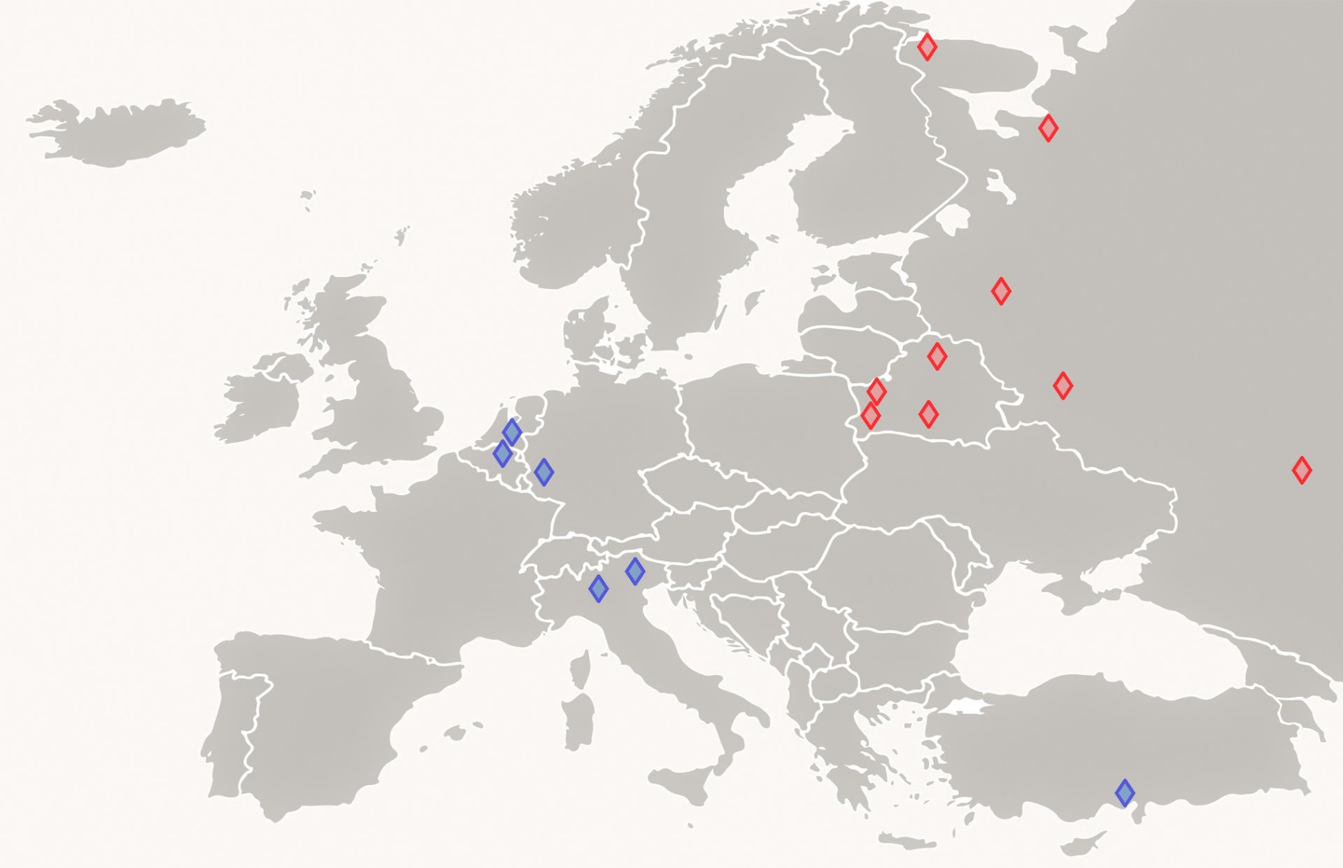 Приблизителното местоположение на ядрените бази на САЩ и Русия в Европа